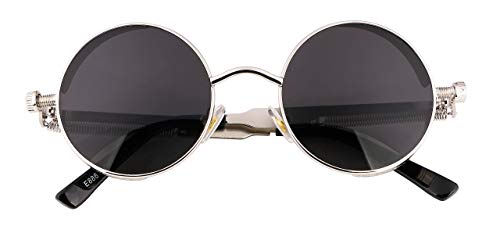 FEISEDY Retro Gothic Steampunk Sunglasses Round Metal Frame Punk Circle Inspired Shade Men B1857 - color: Silver/Grey