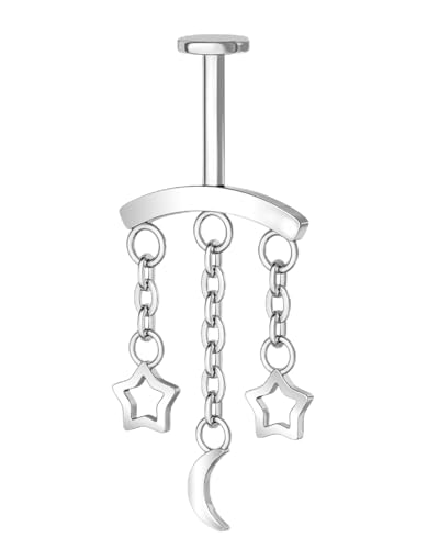 Crescent Moon Star Chain Vertical Hidden Helix Stud Earrings Dangle 316L Stainless Steel Flat Back Threadless Push-Pin Cartilage Rook Piercing Jewelry - color: steel