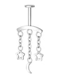 Crescent Moon Star Chain Vertical Hidden Helix Stud Earrings Dangle 316L Stainless Steel Flat Back Threadless Push-Pin Cartilage Rook Piercing Jewelry - color: steel