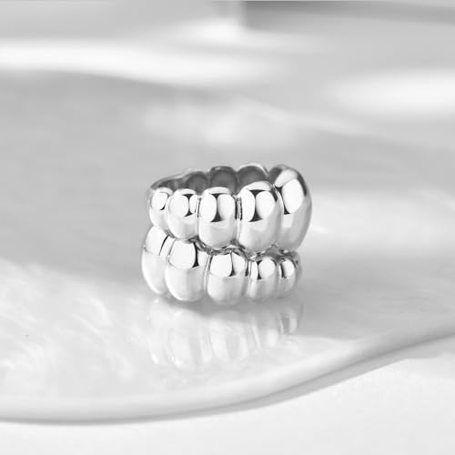 NOKMIT 14K Gold Filled Chunky Statement Rings for Women Cute Puffy Dome Croissant Thumb Band Non Tarnish Comfort Fit Size 5-10 - color: Bubble-Silver