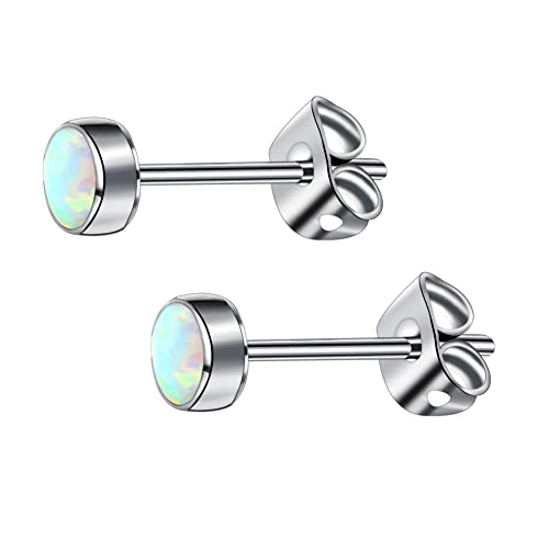 G23 Titanium Opal Stud Earrings for Women Girls Hypoallergenic Earring with 4mm 5mm Birthstone for Sensitive Ear Fashion Women's Jewelry(2pcs) - color: Fire & Snow, size: 4mm