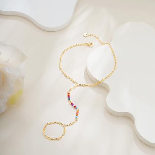 Hand Chain Bracelets for Women - 14K Real Gold Plated Dainty Stackable Paperclip Link Bracelets Hand Chain Bracelet Ring Gold Bracelets for Women Trendy - color: Colorful Twisted Hand Chain