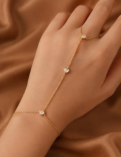 925 Sterling Silver Hand Chain Bracelet for Women,Non Tarnish 14k Gold Plated CZ Crystal Heart Starburst Ring Bracelets Hand Chain Dainty Diamond Layered Stackable Link Chain Beach Waterproof Graduation Wedding Gifts - color: GoldD