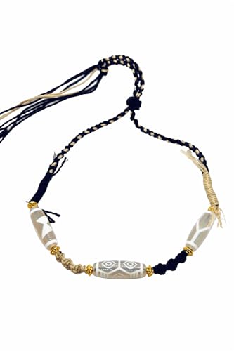 Handmade Agate Necklace with Cultural Patterns, 3 Natural Agate Stones Braided Necklace for Men Women, Good Luck Amulet Jewelry