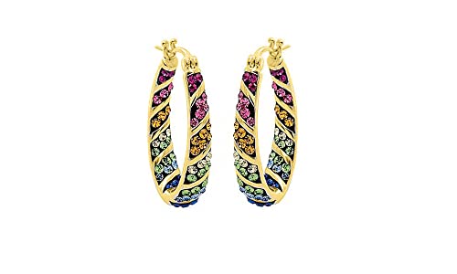 Savlano 14K Gold Plated Inside Out Multicolor Rainbow Crystal Hoop Earrings For Women Comes With Gift Box - color: Yellow Gold
