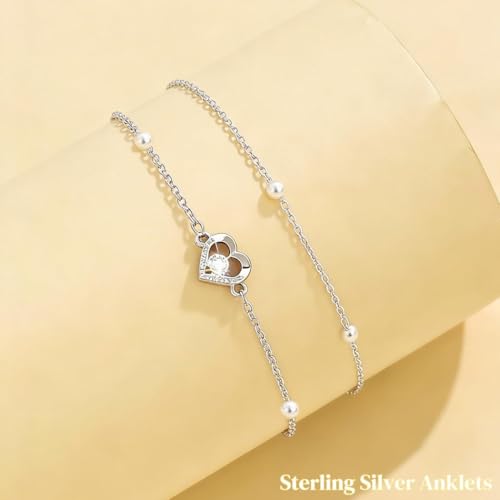 925 Sterling Silver Ankle Bracelets for Women 14K Gold Plated Layered Anklet Sets Dainty Heart Anklets Chain Waterproof Beach Foot Jewelry Gifts - style: Heart-Silver1