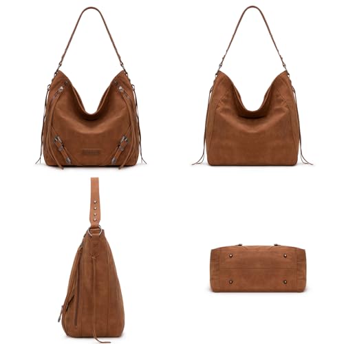 Wrangler Large Hobo Purses and Handbags for Women with Buckle and Fringe Zipper Faux Suede Shoulder Bag - color: Brown