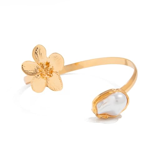 COLORFUL BLING Ocean Starfish Flower Arm Cuff Bracelet for Women Boho Floral Bangle Summer Beach Vacation Armband Jewelry - color: C gold flower