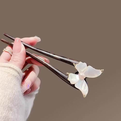 Handmade Wooden Hair Pin – U-Shaped Hair Fork with Natural Seashell Butterfly Design, French Hair Pins Clips for Women, Elegant Pearl Accent for Updos & Bun Styling 1P