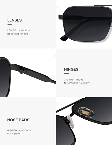 SOJOS Retro Polarized Square Sunglasses for Women Men Vintage Large Double Bridge UV Protection Metal Sun Glasses SJ1246 - color: Gun Black/Grey Grading