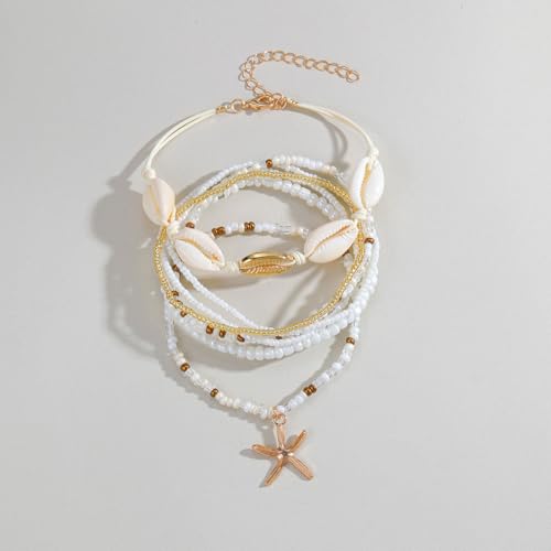 Gold Starfish Anklets for Women Seashell Ankle Bracelet Boho Stack Stretch Beaded Anklet Set Summer Beach Jewelry - style: C Style