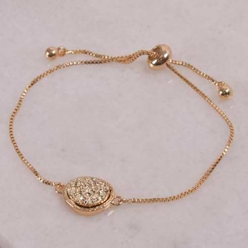 Humble Chic NY Simulated Druzy Chain Bracelet for Women - Boho Stackable Adjustable Bolo Slider Bracelet - color: Gold - Gold Stone