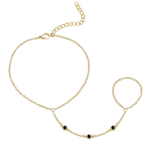 Gokeey Gold Hand Chain Bracelet for Women Trendy, Dainty 14k Gold Plated Ring Bracelet Hand Chain Finger Ring Slave Cuff Bracelet Cubic Zircon Hand Jewelry for Women Accessories - style: 3cz hand chain-Black