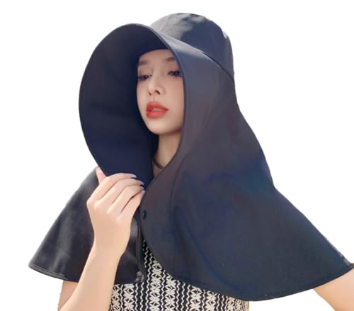 Sun Hats for Women Sun Protection Wide Brim Shawl with Neck Flap Hiking Visor Hat Outdoor Summer Beach - color: Black