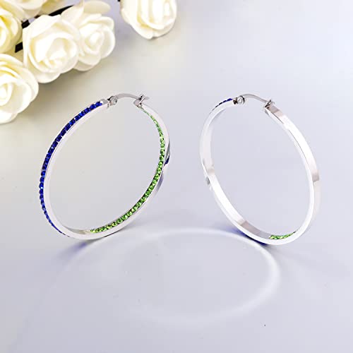 CiNily Mult-colors Crystal Stainless Steel Hoop Earring for Women Hypoallergenic Jewelry for Sensitive Ears Large Big Hoop Earrings 2" - color: Blue and Green