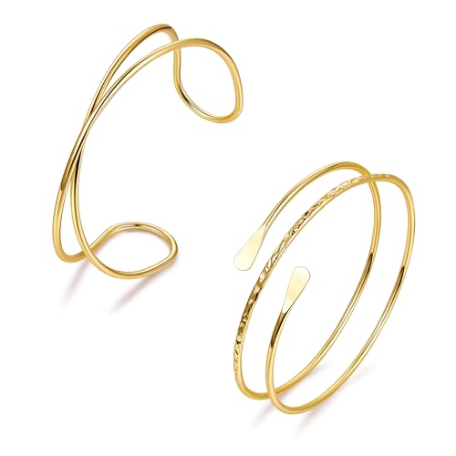 2Pcs Arm Cuff Gold Upper Arm Cuff for Women Adjustable Upper Arm Bracelets Open Irregular Arm Bangle Minimalist Coil Swirl Armlets Armband Jewelry - style: styleB gold
