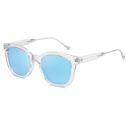 SOJOS Classic Square Polarized Sunglasses Womens Mens Retro Trendy UV400 Sunnies SJ2050 - color: Clear/Blue Mirrored