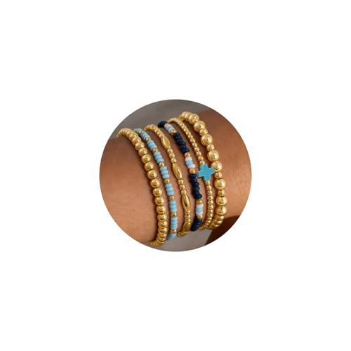 VIBILIA Gold Beaded Bracelets Set for Women 14K Gold Plated Dainty Pearl Cross Bracelet Stack Stretch Bracelet Set Fashion Accessories Gifts - color: 6P-#C-Blue