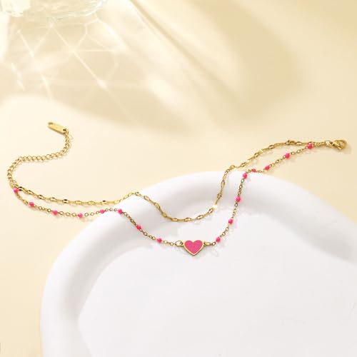 Summer Beach Jewelry Gift-Layered Gold Ankle Bracelets for Women - Waterproof 18k Gold Plated Hot Pink Heart Anklets Non Tarnish Come with Box - color: HEART