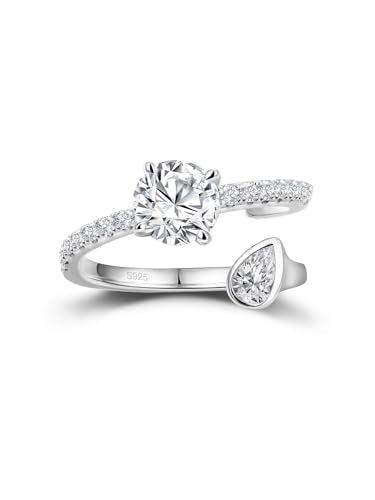 FWM Round Cut Moissanite Simple Open Rings for Women, Adjustable Ring, Solid Sterling Silver With Gold Plated, Stackable Wedding Band, Anniversary Valentines Mothers Day Christmas Gift - color: Round & Pear Cut - White Gold, size: 6