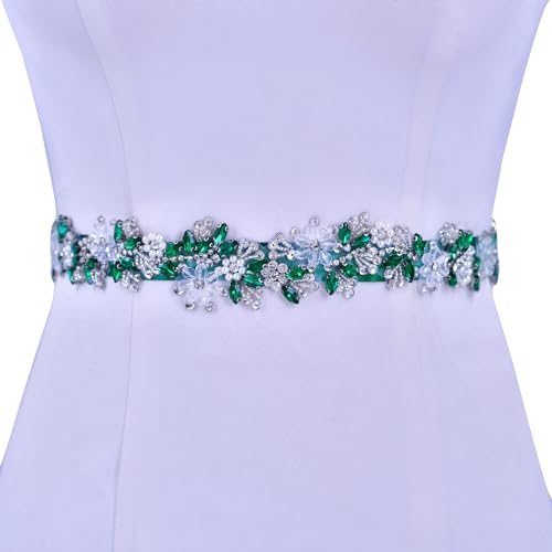 Rhinestone Wedding Bridal Belt for Women Formal Dress Handmade Crystal Beading Wedding Sash Belt - color: Green