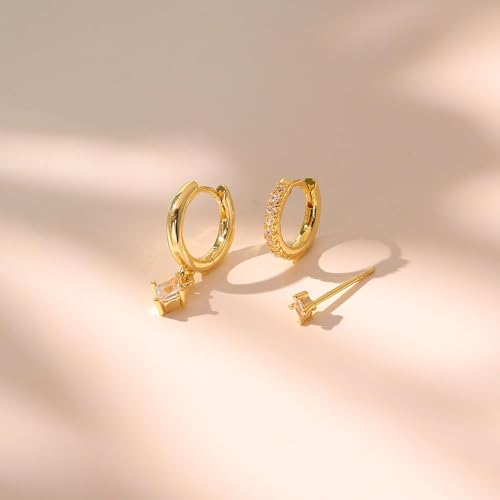 3 Pairs Small Earring Stacks, 14K Gold/Silver/Black/Rose Gold Plated Pearl Heart Butterfly Star Diamond Charm Drop Huggie Earrings Trendy Jewelry Gift for Women - color: Gold-Rhombus CZ