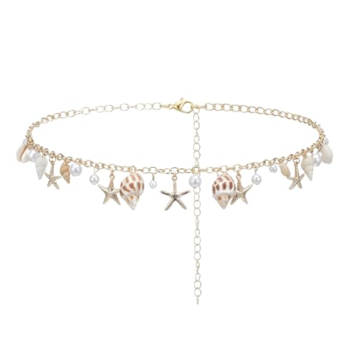 Starfish Seashell Waist Chain Adjustable Boho Mermaid Pearl Body Chain Fashionable Summer Beach Belly Jewelry Gold Bikini Belt Accessories for Women