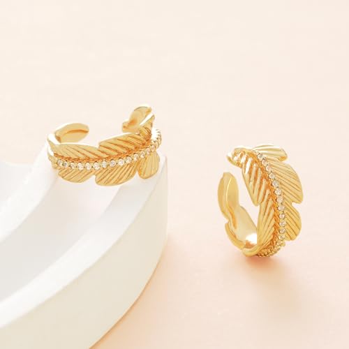 MTMY Gold Ear Cuff Earring for Women 14K Gold Plated Cubic Zirconia Non-Pierced Clip on Cartilage Chunky Ear Cuffs Hypoallergenic Jewelry - style: leaf / pair