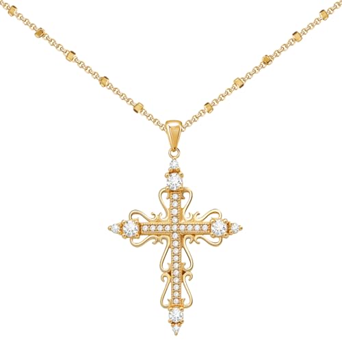 14K Gold Plated Cross Pendant Necklaces for Women Trendy, Dainty Choker CZ Cross Necklace Non Tarnish,Simple Tiny Cross Necklace for Jewelry Gifts - style: Flower-Gold