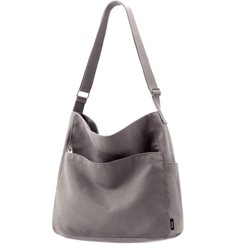 KALIDI Canvas Tote Bag Large Hobo Crossbody Shoulder Handbag Zipper Messenger Bag for Women or Men Casual College Work - color: *Grey