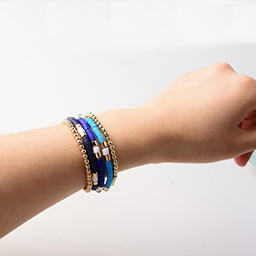 GOOJIDS Surfer Heishi Clay Bead Bracelets for Women Bohemian Stackable Gold Plated Beaded Stretch Bracelets Elastic Layering Friendship Bracelets Set Boho Jewelry - color: B-Blue Surfer Color & Gold Bead