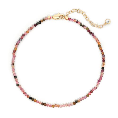 Bemoly Faceted Anklet for Women Gemstone Beads Anklet with Sparkling CZ Tail Charm - 22cm + 5cm Adjustable 14K Gold Plated Foot Chain - October Birthstone Jewelry Gift for Her, Summer Beach Vacation - color: Anklet-Tourmaline