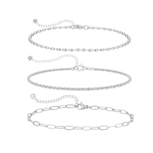 MIDEEO Gold/Silver Ankle Bracelets for Women,14K Gold Anklets for Women Waterproof Cuban Link Heart Beads Herringbone Rhinestone Anklets Set Layered Anklet Bracelets for Women Gold Jewelry Gift - style: 3Pcs Anklets G-SL