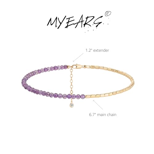 MYEARS Women Beaded Bracelet Gold Gemstone 14K Simple Dainty Handmade Chain Everyday Boho Beach Jewelry - style: Amethyst