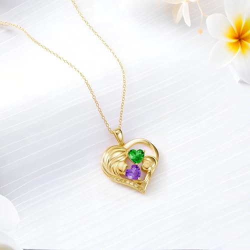Mothers Day Gifts 14K Yellow Gold Mother Daughter Heart Pendant Necklace with 12 Months Birthstone Birthday Gifts for Mom Anniversarry Jewelry for Mom Wife Girlfriend - color: 02-05-Feb-May Birthstone