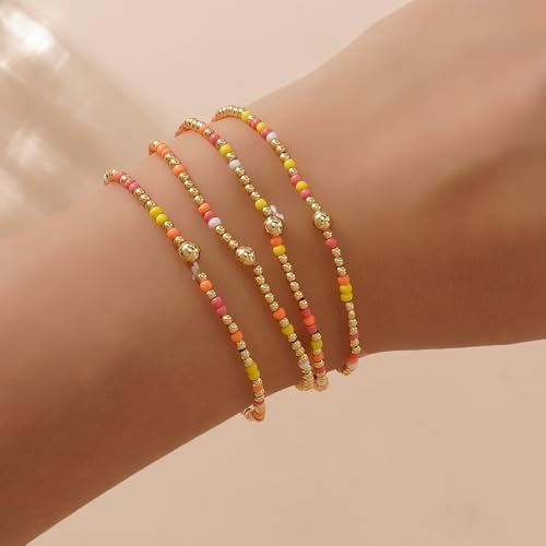 Boho 4Pcs Stack Colorful Small Seed Beaded Bracelets Set for Women, Cute Handmade Dainty Trendy Gold Plated Stretch Accessories Thin Glass Jewelry, Summer Daily Party Friendship Gift - color: Yellow