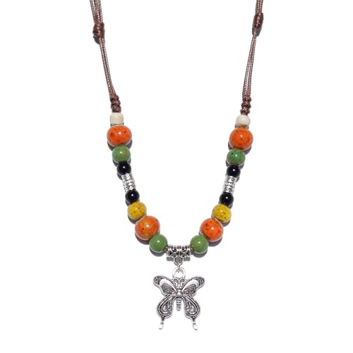 Boho Style Colorful Ceramic Bead Strand Necklace Adjustable Bohemian Jewelry Gift for Women, Fashion Clothing Matching Necklace - color: Orange