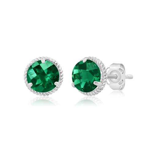 14k White or Yellow Gold Roped Halo Gemstone Round Stud Earrings for Women 6mm Birthstone with Push Backs by MAX + STONE - color: Created-Emerald