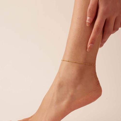 Dainty Ankle Bracelets for Women 18K Gold Plated Satellite Beaded Herringbone Lip Chain Anklets Simple Minimalist Summer Beach Foot Jewelry Christmas Gifts - color: Satellite-Gold