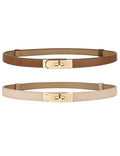 BEMYLV Skinny Belts for Women Dresses Turn-Lock Gold Buckle Adjustable Fashion Waist Belt for Pants Jeans Business Casual - color: Brown+light Khaki