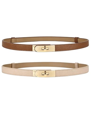 BEMYLV Skinny Belts for Women Dresses Turn-Lock Gold Buckle Adjustable Fashion Waist Belt for Pants Jeans Business Casual - color: Brown+light Khaki