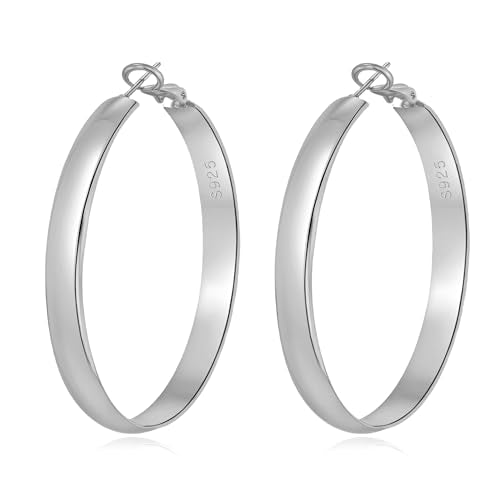 5mm Wide Gold Hoop Earrings for Women, 14K Gold Plated Big Chunky Hoop Earrings with S925 Sterling Silver Post, Hypoallergenic Lightweight Earrings Jewelry for Women 30/40/50/60/70mm - color: Silver-50mm