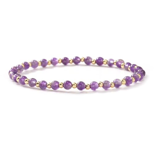 Dainty 14K Gold Crystal Beaded Bracelet Stack for Women,4PCS Cute Ball Purple Gemstones Beads Paperclip Link Stackable Bracelets Set Fashion Festival Birthday Accessories Outfit Jewelry Gift