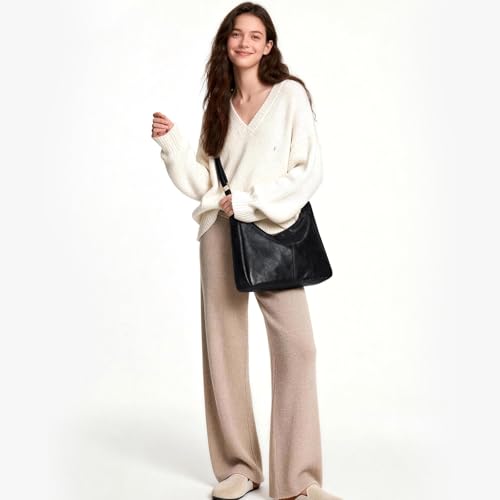 Brown Shoulder Bag for Women,Brown Leather Purse Slouchy Hobo Bags Everyday Purse Daily Commuting Bag with Zipper - color: Black