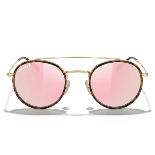 MERRY'S Retro Round Polarized Sunglasses - Unisex Double Bridge Sun Glasses - color: Leopard Frame/Gold Bridge/Pink Mirror Lens