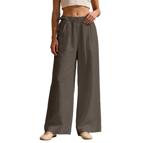 JiXiang Women's Palazzo Pants Wide Leg Boho High Waisted Side Drawstring Lounge Trousers Flowy Casual Loose Lightweight Pants - color: 1-army Green, size: Medium