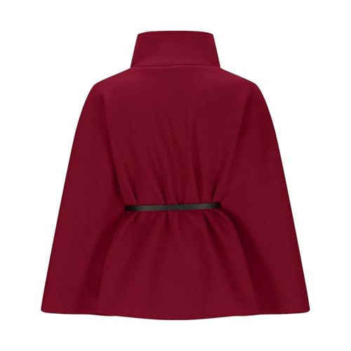 Zaswen Batwing Long Sleeve Cloak Coats for Women Fall Winter Stand Up Collar Oversized Cape Poncho Jackets with Belted - color: Wine Red, size: Small
