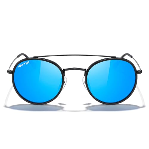 MERRY'S Retro Round Polarized Sunglasses - Unisex Double Bridge Sun Glasses - color: Matte Black Frame/Matte Black Bridge/Blue Mirror Lens