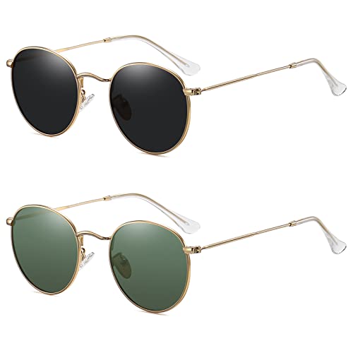 MEETSUN Round Polarized Sunglasses for Women Men Classic Retro Metal Frame Sun Glasses UV Protection - color: (2 Pack) Gold/Grey + Gold/Dark Green