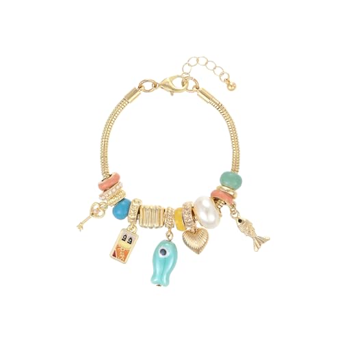 Madison Tyler Beach Bracelet for Women | Seahorse Octopus Tropical Fish Sea Turtle Shell Conch Beaded Charm Bracelet | Cute Gold Plated Adjustable Snake Chain Bracelet - style: Blue Fish